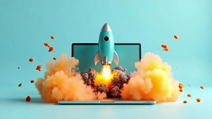 A teal rocket launching from a laptop screen symbolizes rapid business growth startup success and innovative technology