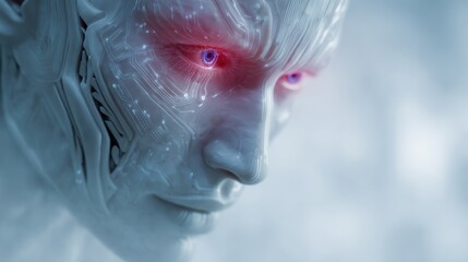 Artificial intelligence human face reveals neural network with glowing eyes showcasing technology, innovation and future advancements