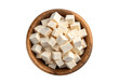 © StockLine Studio - Diced tofu in a wooden bowl isolated on transparent background, top view, healthy food