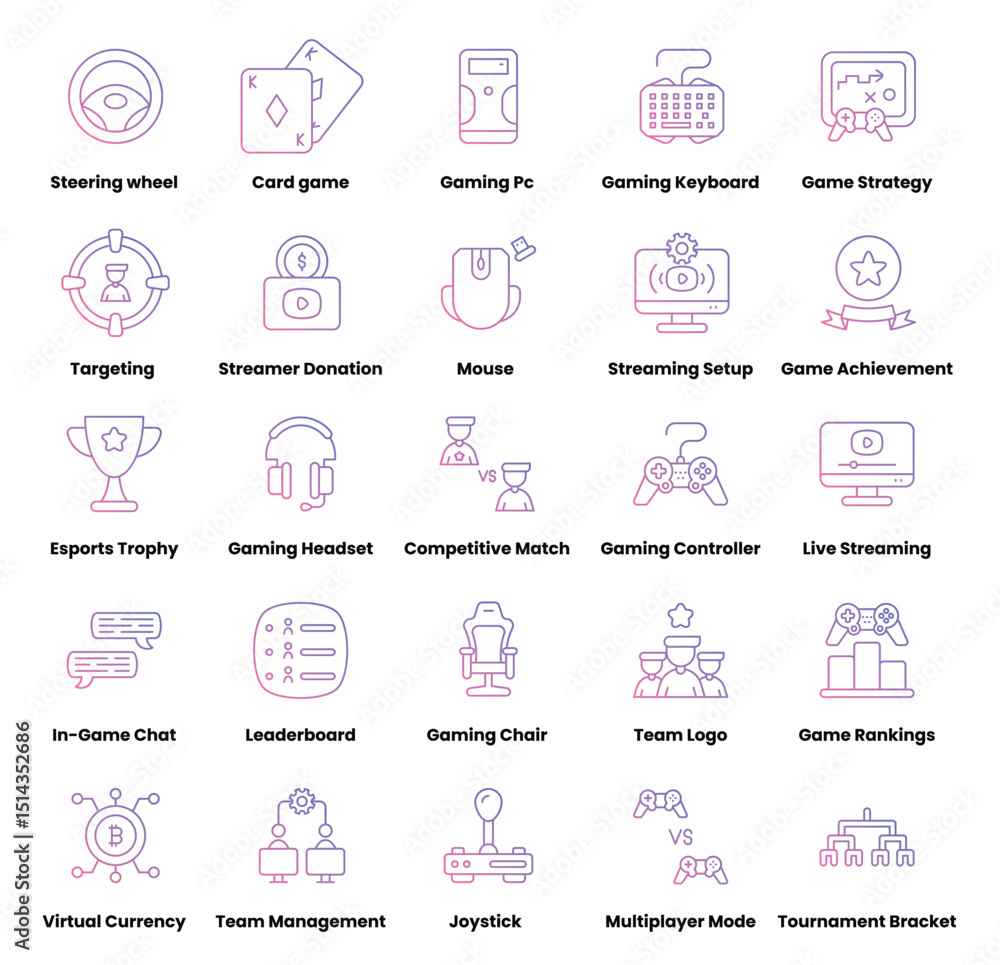 A diagram of 25 esportsrelated icons in a 5x4 grid layout with labels