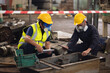 © NVB Stocker - teamwork : Officials from the Department of Hazardous substances control bureau is investigating the leak of a hazardous chemical in chemical industry plant. Man with safety protective mask in factory