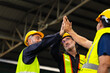 © NVB Stocker - team hands together. Professional team working at workplace. Unity and teamwork. Group portrait engineer factory manager worker and mechanic team together in factory workplace