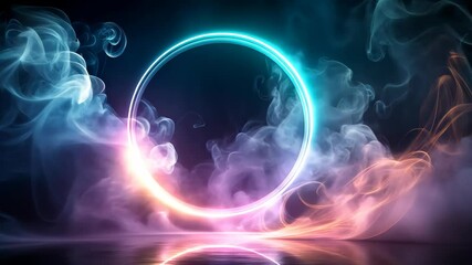 Wall Mural - neon circle with colorful smoke and reflections on a dark background