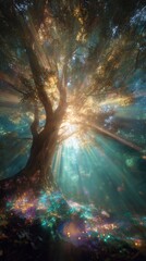 Wall Mural - Magical Tree with Sparkling Lights and Beams in a Dark Forest
