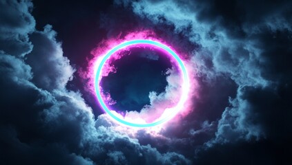 Wall Mural - Neon Pink and Blue Circle Glowing in Dark Night Clouds