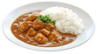 © RanaG - A plate of chicken curry with rice and garnish on a white plate in a close up studio shot view isolated on transparent background