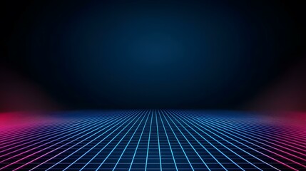 Wall Mural - a dark background features a grid of glowing blue and pink lines receding into the distance, creatin