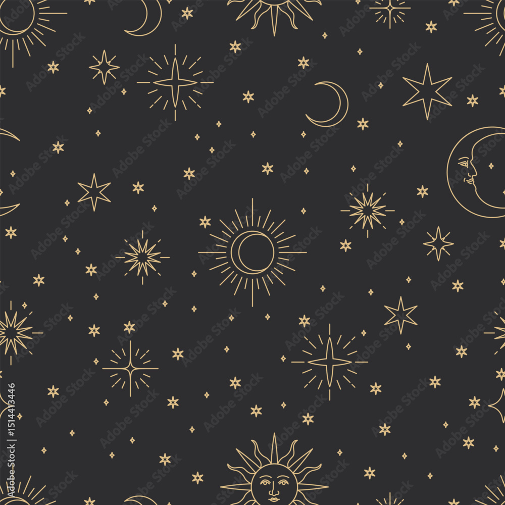 Mystical pattern with sun, moon and stars on a dark background ...