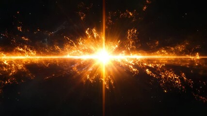 Wall Mural - Bright orange explosion in space with glowing fiery particles and radiant light beams creating dramatic cosmic energy and intense glowing fiery sparks in dark space