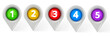 © Sakeba - Five 3D map pointers are aligned horizontally, each containing a different colored circle with a white number inside. The numbers range from 1 to 5
