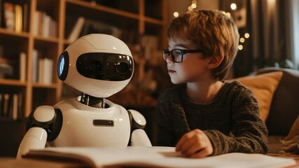 Intelligently-crafted white AI robot gazing at human boy in warm room light atmosphere
