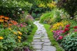 © Iftikhar alam - Vibrant garden path adorned with colorful flowers invites peaceful strolls in a lush setting, Lush, vibrant garden path lined with colorful flowers and well manicured greenery