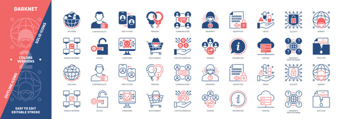 Darknet icon set. Overlay Network, Deep Web, Black Market, Sharing, Drugs, Data Leak, Confidentiality, Freedom. Duotone color solid and editable outline icons
