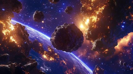 Wall Mural - asteroids racing through space toward an aircraft flying above earth during a vibrant cosmic event, 