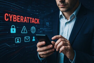 Wall Mural - a businessman uses a smartphone to navigate cybersecurity challenges emphasizing strategic decision 