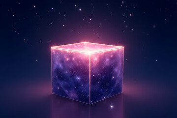 Wall Mural - A glowing blue Christmas gift box with snowflakes floats in a dark, star-filled night sky, evoking a cold holiday wonder