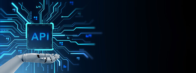 Fototapete - Robotic hand supporting digital API interface with glowing circuit lines on futuristic dark tech background concept of artificial intelligence integration. 3D Rendering