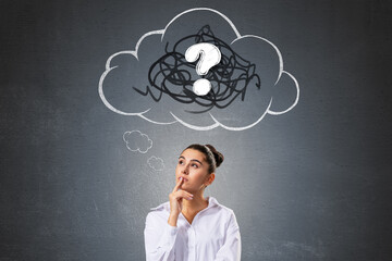 Fototapete - Thoughtful young woman with finger on lips under cloud-shaped speech bubble with question mark symbol on dark gradient wall background.