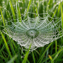 spider web in the morning dew. spider web with dew drops. CloseUp of dew-covered spiderweb in green grass.