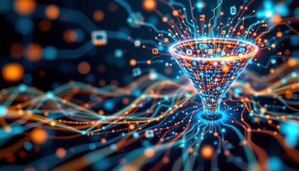 innovative hi tech background with artificial intelligence neural connections, position subject on the left with copy space on the right, 3d illustration of digital funnel, waves of code