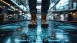 © ProPhotos - A man's legs and feet move through a sleek, ultra-modern office, where the floor is covered with digital panels that display shifting patterns of code and data.