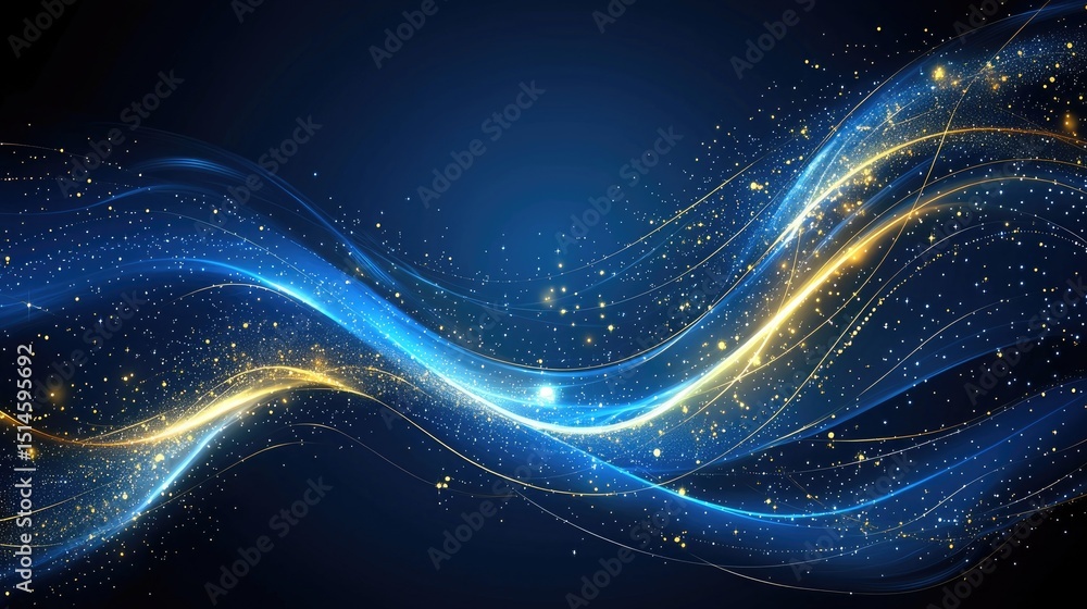 Abstract design with flowing lines of blue and gold particles. Stock ...