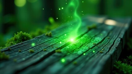 Wall Mural - Green wooden bench with green moss growing on it. The moss is illuminated by a green light