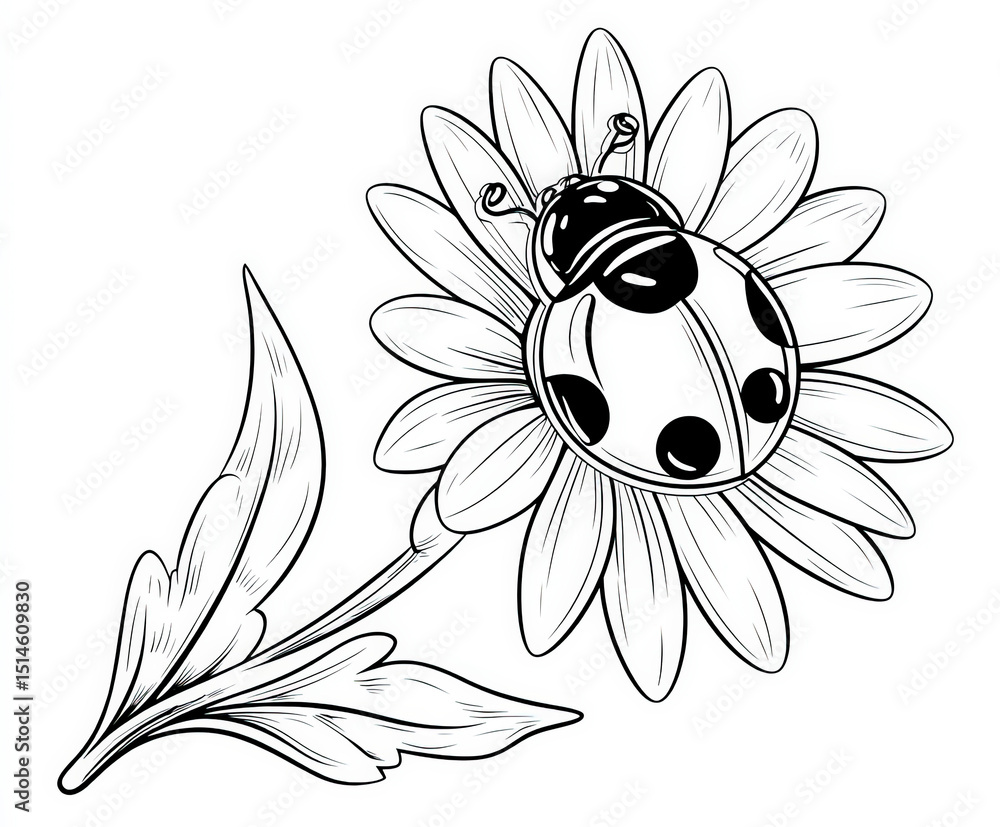 Happy ladybug on a flower , coloring page for kids, simple outline ...