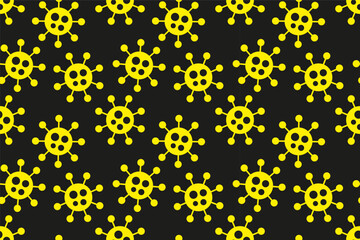 Aufkleber - Cartoon seamless virus pattern. Pandemic black and yellow danger background with abstract medical bacteria symbols. Vector illustration for fabric, design, print, wallpaper, cover, covid concept