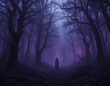 © ai store24 - Silhouette of a person in a misty purple forest with bare trees and eerie atmosphere