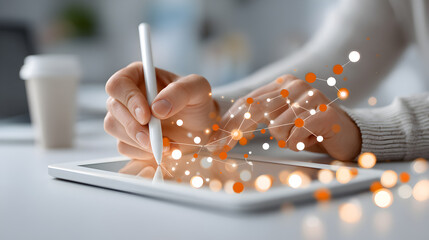 Hands using a digital tablet and stylus, with an abstract network overlay, suggesting innovation and modern work