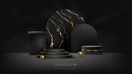 3D background. Black podium. Golden dark backdrop for luxury presentation. Empty platform, golden marble texture. Abstract award stage with render base. Vector blank design with elegant gold objects