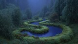 Mystic Blue River in Mossy Green Forest  Fantasy Landscape Photography