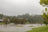 Floodwaters engulf a newly constructed park and skate area in Burleigh Heads, Gold Coast in Queensland, Australia, as heavy rain and storm runoff submerge structures, showing nature’s power. 