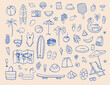 © DariaVector - Summer themed hand-drawn sketch set with beach objects, surfboards, palm trees, swimsuits, fruits, umbrellas, floaties, and travel accessories in a playful blue outline style