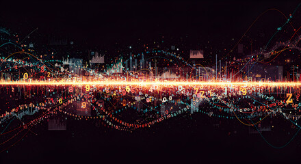 Abstract digital data flow with glowing numbers, charts and lines on a dark background.
