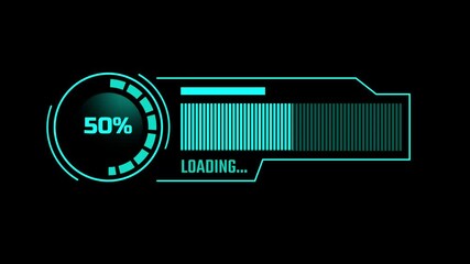 This circular tech-themed loading animation features glowing cyan accents and digital text for futuristic loading or progress indicators in applications