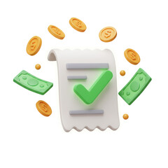 3d payment receipt with green cash bills, gold coins, and a green check mark indicating completed tr