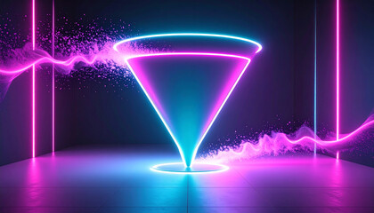 Wall Mural - Neon light abstract science future concept with glowing funnel shape and vibrant pink and blue colors in dark room