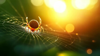 Close up of spider its web during sunset with sunlight background, showcasing intricate web and tiny insect outdoor nature setting, highlighting wildlife and macro details vibrant, warm atmosphere