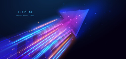 Wall Mural - abstract futuristic glowing neon blue arrow. hi-speed motion moving concept on dark blue background.