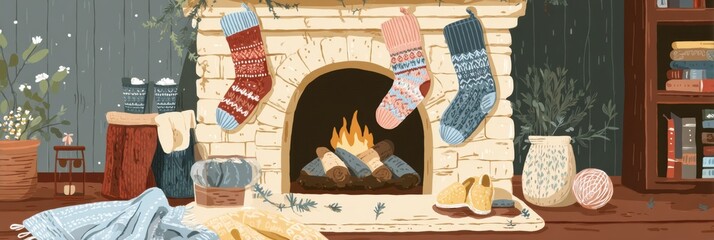 Poster - Cozy Winter Evening by the Fireplace With Knitted Socks and Warm Decorations