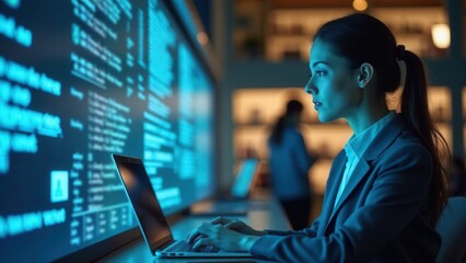 Document Management System (DMS). Businesswoman working on laptop with virtual screen. Online documentation database and document management system concept.Internet Technology Con.