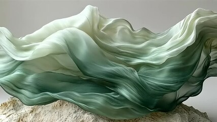 Elegant green and white fabric sculpture on stone base studio shot display footage