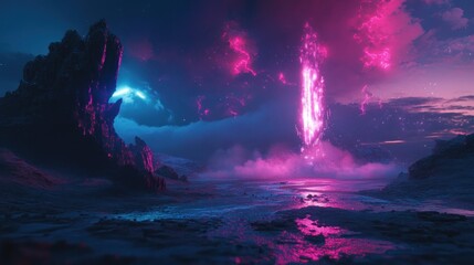 Wall Mural - futuristic neon geyser erupting with glowing mist in the landscape, background wallpaper ai generate