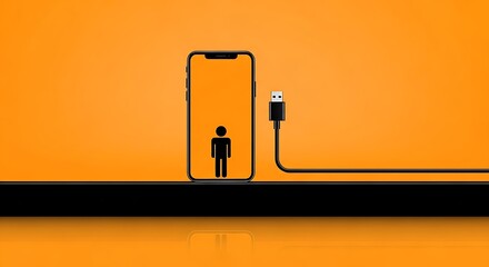 Schematic illustration showing a man icon inside a mobile phone screen with a charging cable connected from the outside. Digital addiction and over-reliance on technology concept.