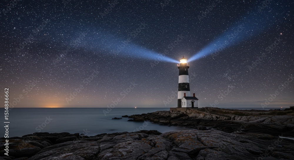 Majestic lighthouse shines brightly under starry night sky with ocean ...