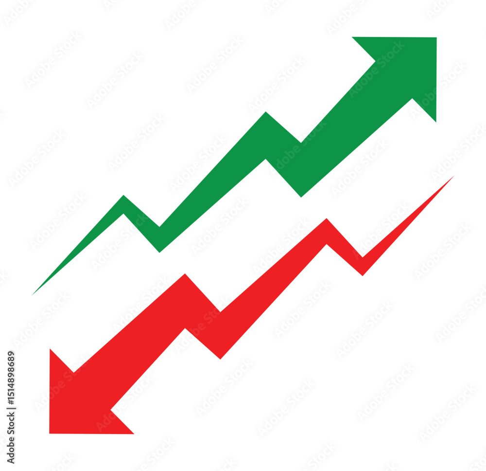 Finance up down vector icon. Green up red down indicate arrow.  Cryptocurrency, stock and forex investment trading analysis symbol. Green  arrow up and red arrow down icon. Vector illustrator Stock Vector |