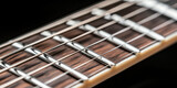 A close-up of a guitar neck and strings showcasing its frets. Musical instrument detail, string focus
