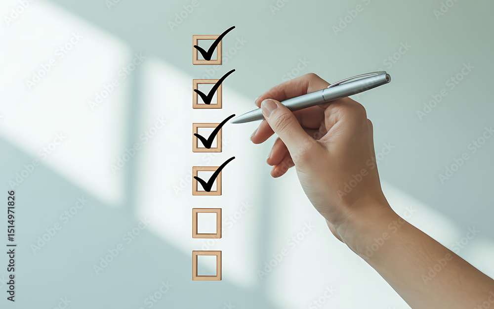 Hand with pen checking off a checklist representing tasks and completed ...